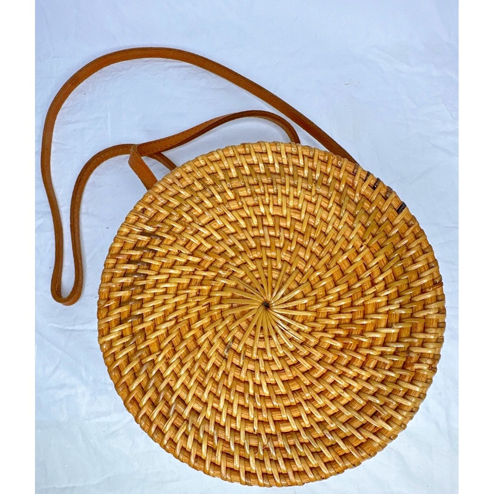Round Wicker Woven Crossbody Bali Bag purse Baik fabric lining Purse - Picture 15 of 16